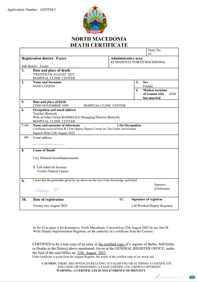 Download North Macedonia death certificate Word and PDF template Photoshop template